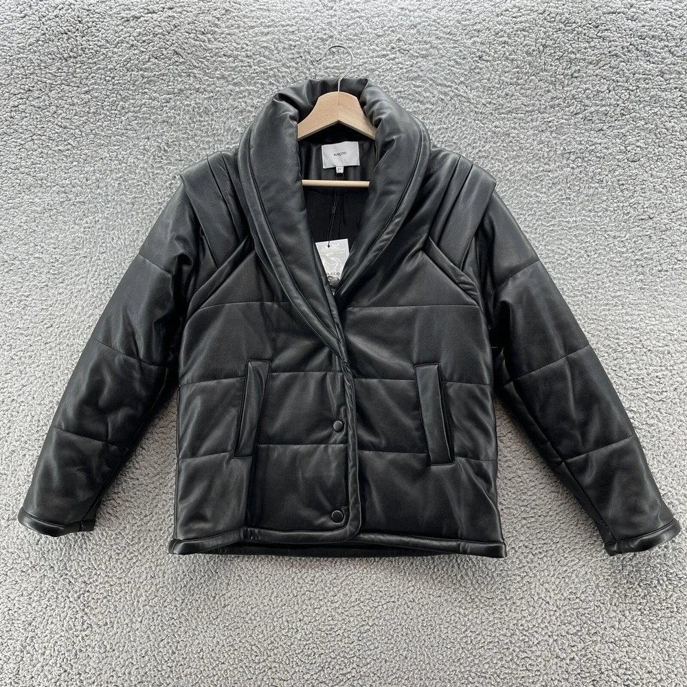 SUNCOO Paris Coat Womens‎ Small Black Faux Leather Erin Short Modern Puffer
